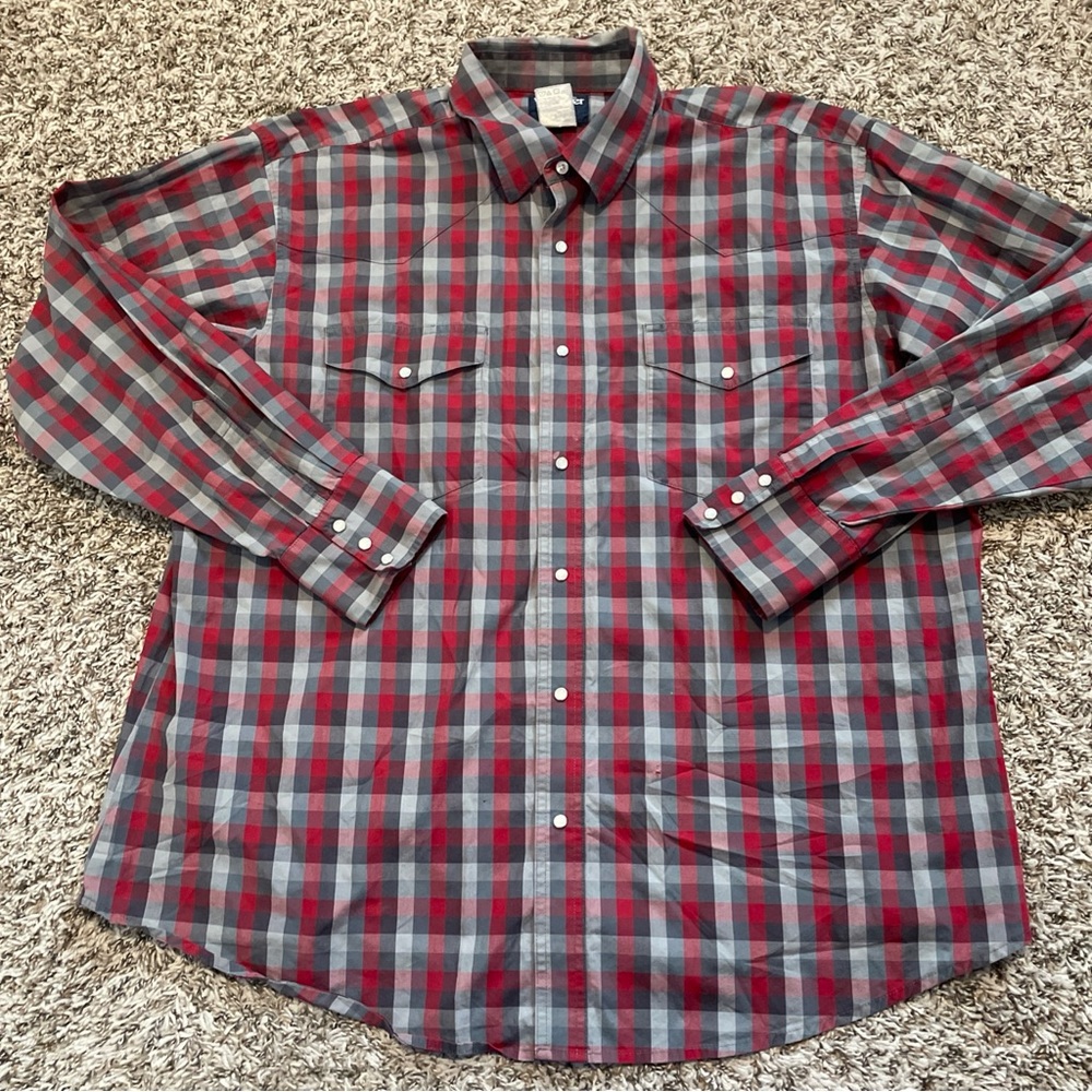 Wrangler Shirt Mens 2XL XXL Red Gray Check Pearl Snap Long Sleeve Cowboy Western - Picture 2 of 13